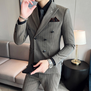条纹西装男套装修身帅气双排扣西服休闲商务抗皱厚款SJT866-P285图片
