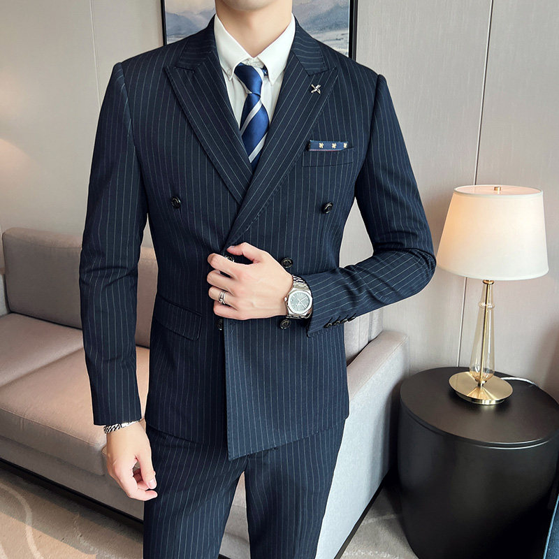 品质货条纹双排扣西服男套装三件套修身西装礼服商务SJT826-P265,男装西服套装,星座1012