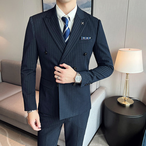 品质货条纹双排扣西服男套装三件套修身西装礼服商务SJT826-P265图片