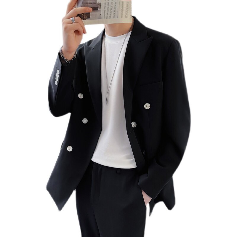 春季双排扣西装男士上衣宽松外套休闲帅气西服黑色DX859-P120,男装西服套装,星座1012