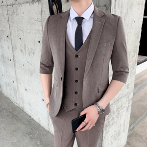 新款英伦七分袖西服套装男韩版修身中袖西装三件套潮 SJT802-P255图片