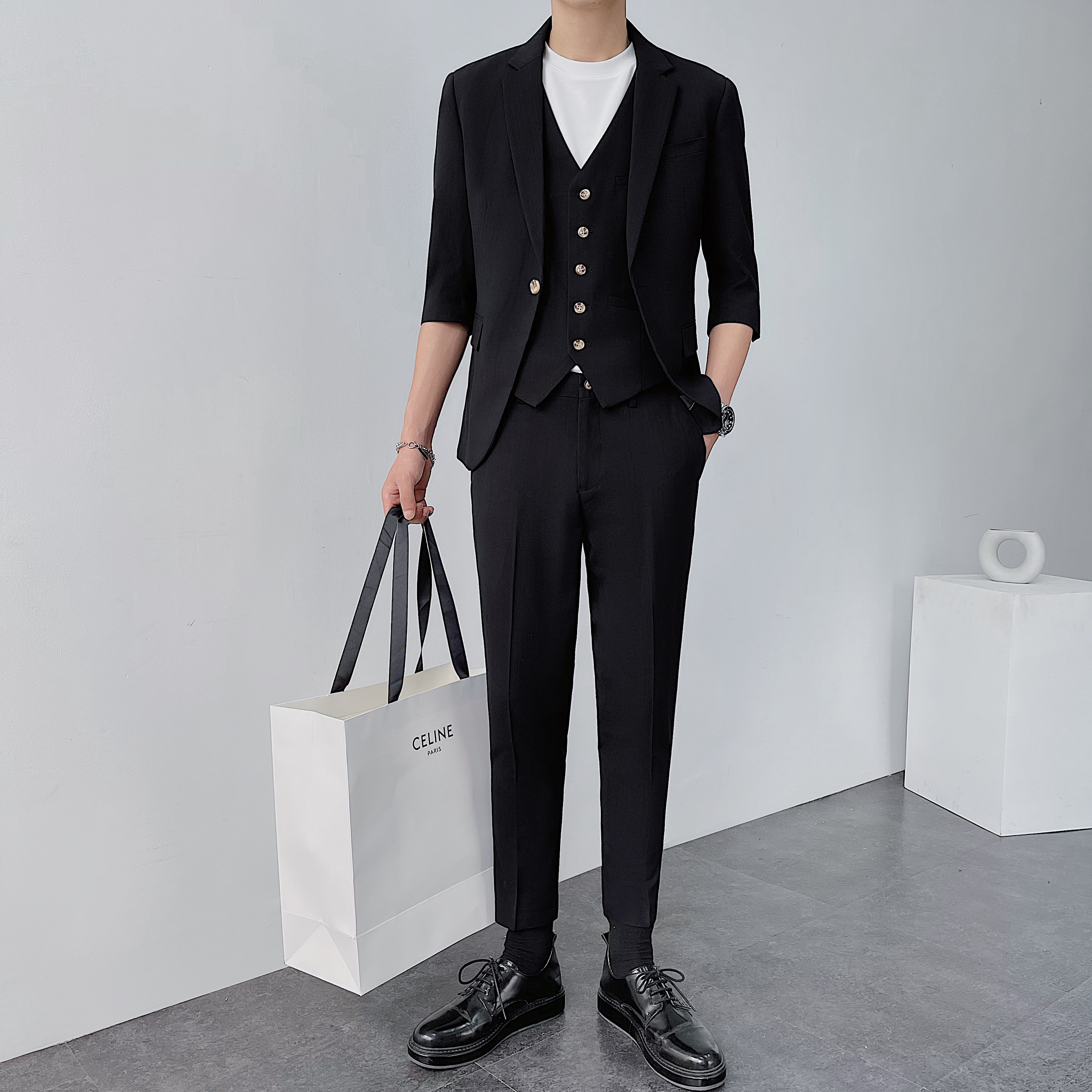 夏薄款西装男套装西服三件套修身SJT834-P205上衣105马甲45裤子55图片