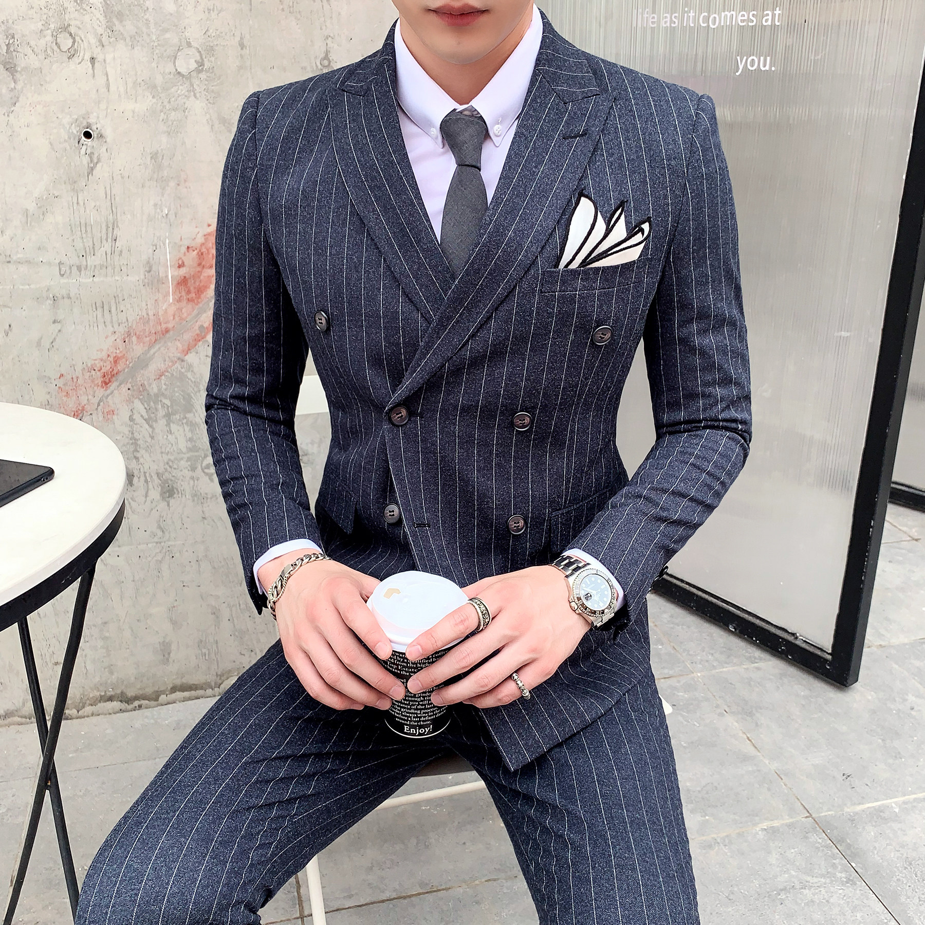 秋冬高质量男士双排扣条纹西装三件套职业礼服SJT810-P260,男装西服套装,星座1012