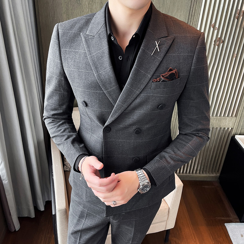 男士新郎礼服西服两件套西装修身休闲格子双排扣LJT865-P200,男装西服套装,星座1012