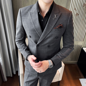 男士新郎礼服西服两件套西装修身休闲格子双排扣LJT865-P200图片