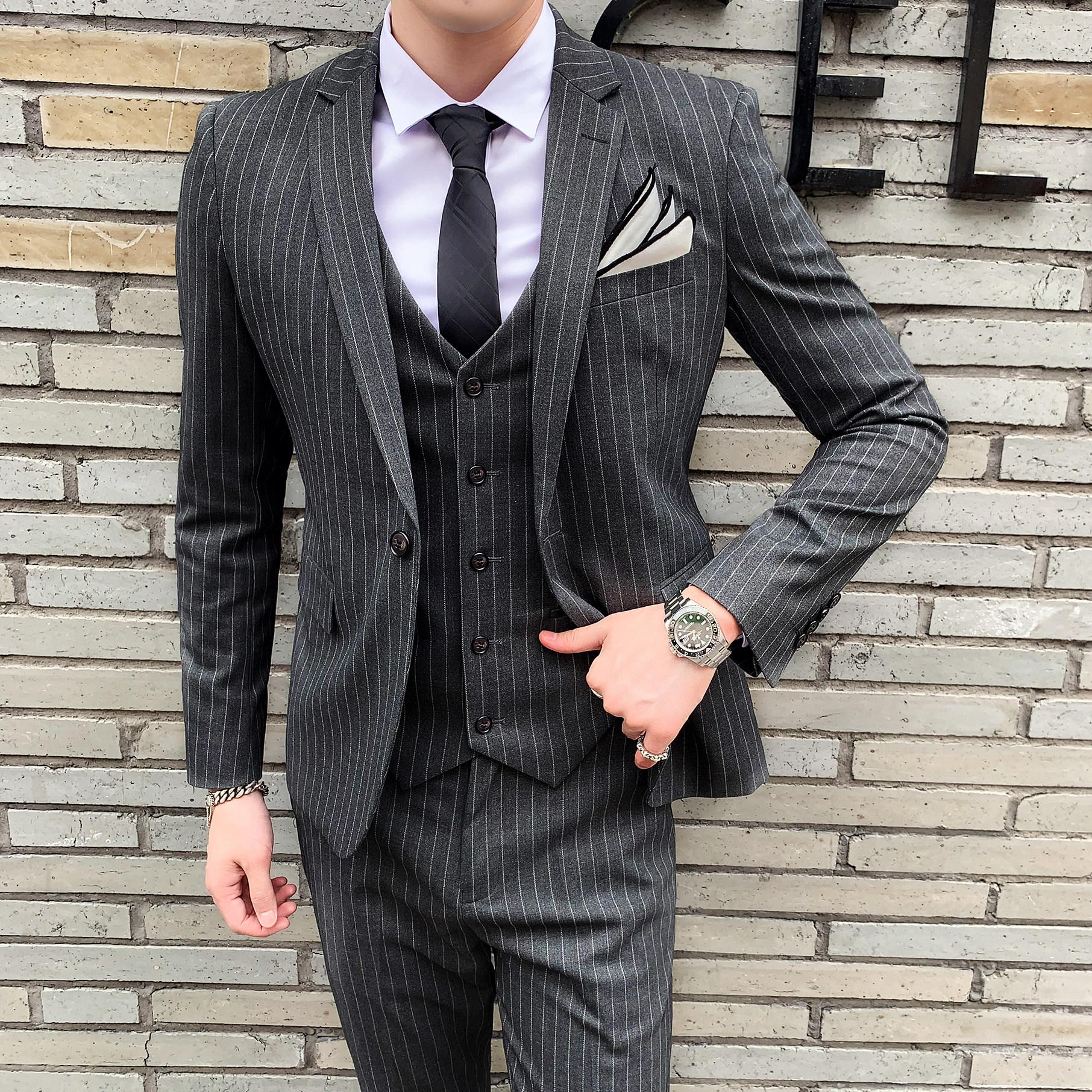 新款英伦条纹西服套装男士修身休闲西装新郎结婚礼服SJT813-P280,男装西服套装,星座1012