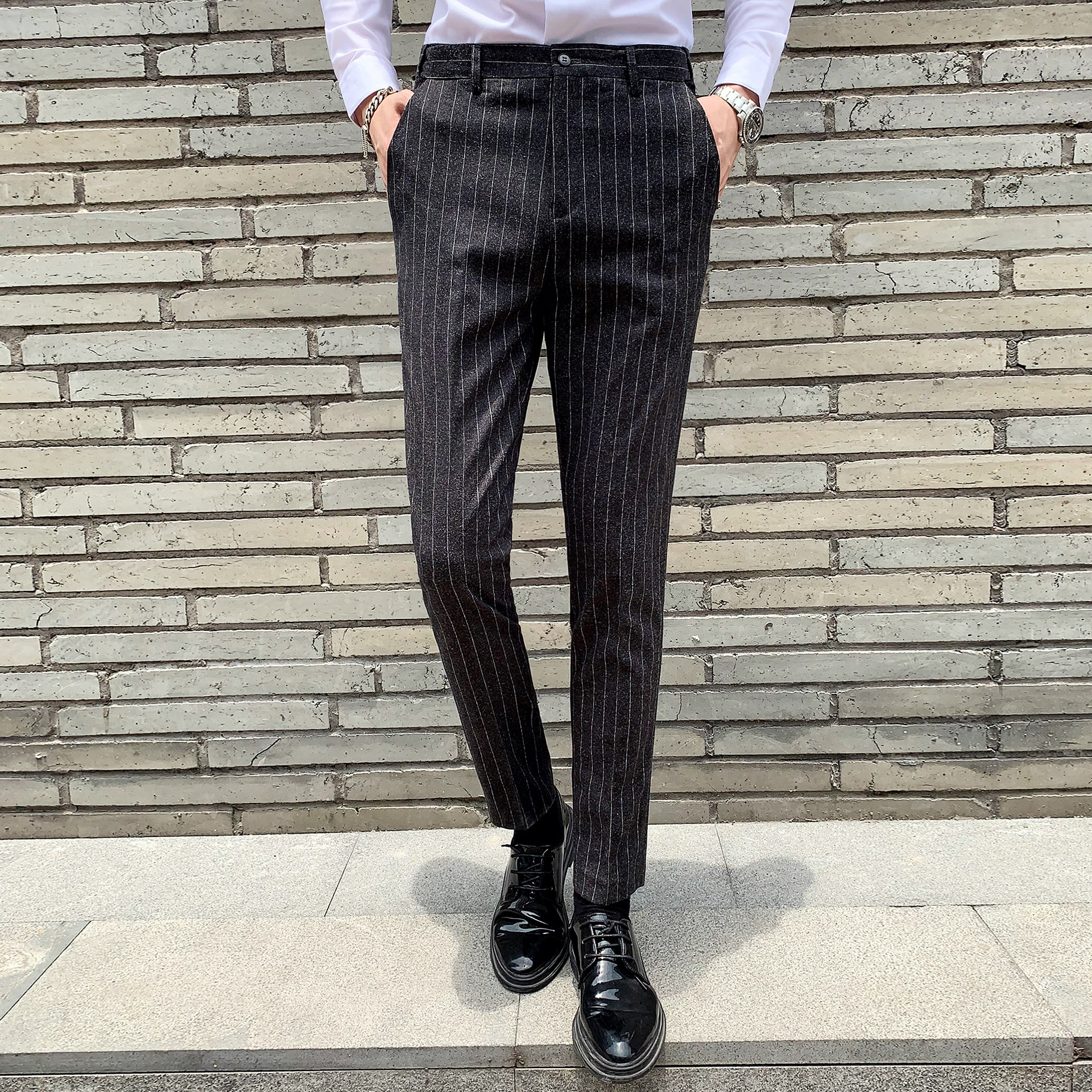 男士英伦风韩版修身条纹休闲裤男长裤 1012图片