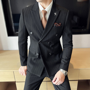 秋冬加厚款西装套装男条纹西服三件套双开叉礼服商务SJT866-P285图片