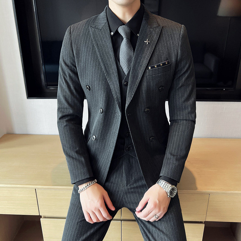 品质货条纹双排扣西服男套装三件套修身西装礼服商务SJT826-P265,男装西服套装,星座1012