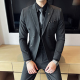 品质货条纹双排扣西服男套装三件套修身西装礼服商务SJT826-P265，男装西服套装，星座1012