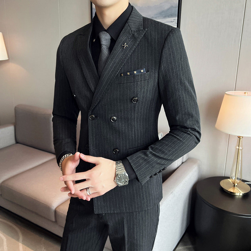 三件套男士西装套装商务休闲修双排扣条纹西服SJT826-P265图片