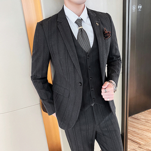 粗条纹西服套装男三件套帅气西装修身礼服高品质SJT822-P260图片
