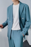 帅气双排扣宽松西服上衣男士海蓝色西装休闲纯色免烫DX859-P120，男装西服套装，星座1012