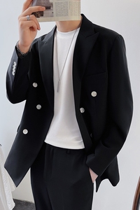 春季双排扣西装男士上衣宽松外套休闲帅气西服黑色DX859-P120图片