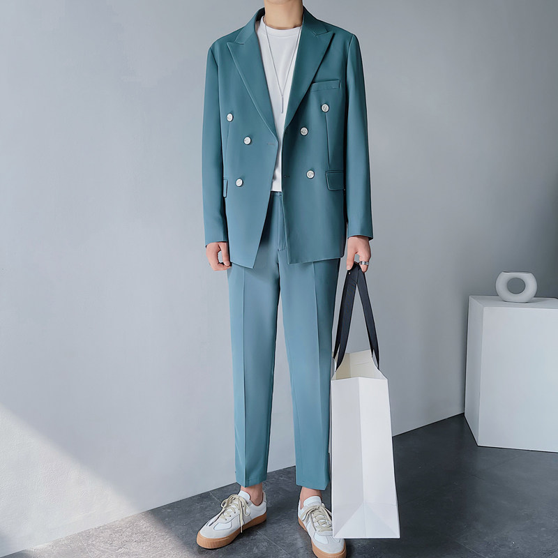 帅气双排扣宽松西服上衣男士海蓝色西装休闲纯色免烫DX859-P120,男装西服套装,星座1012