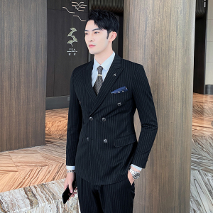 高品质条纹双排扣西装男套装修身商务西服三件套SJT826-P265图片
