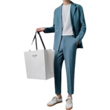 宽松西装套装男帅气宽松西服两件套纯色休闲礼服海蓝DX857-P120，男装西服套装，星座1012