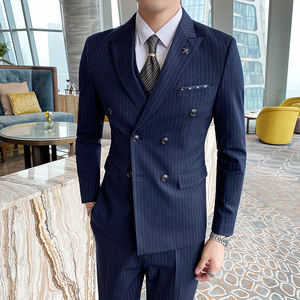 条纹双排扣西装三件套西服英伦修身商务休闲1012-826,男装西服套装,星座1012