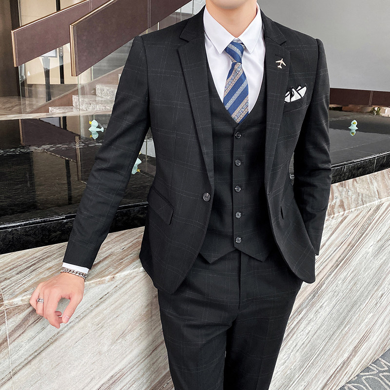 西装男套装三件套新郎结婚礼服格子商务正装职业1012-SJT823-P280，男装西服套装，星座1012
