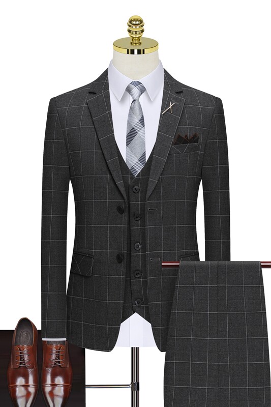 假模图格子西装两粒扣西服套装三件套修身正装礼服1012-SJT863,男装西服套装,星座1012