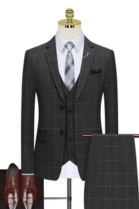 假模图格子西装两粒扣西服套装三件套修身正装礼服1012-SJT863图片