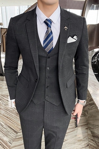 西装男套装三件套新郎结婚礼服格子商务正装SJT823-P280图片