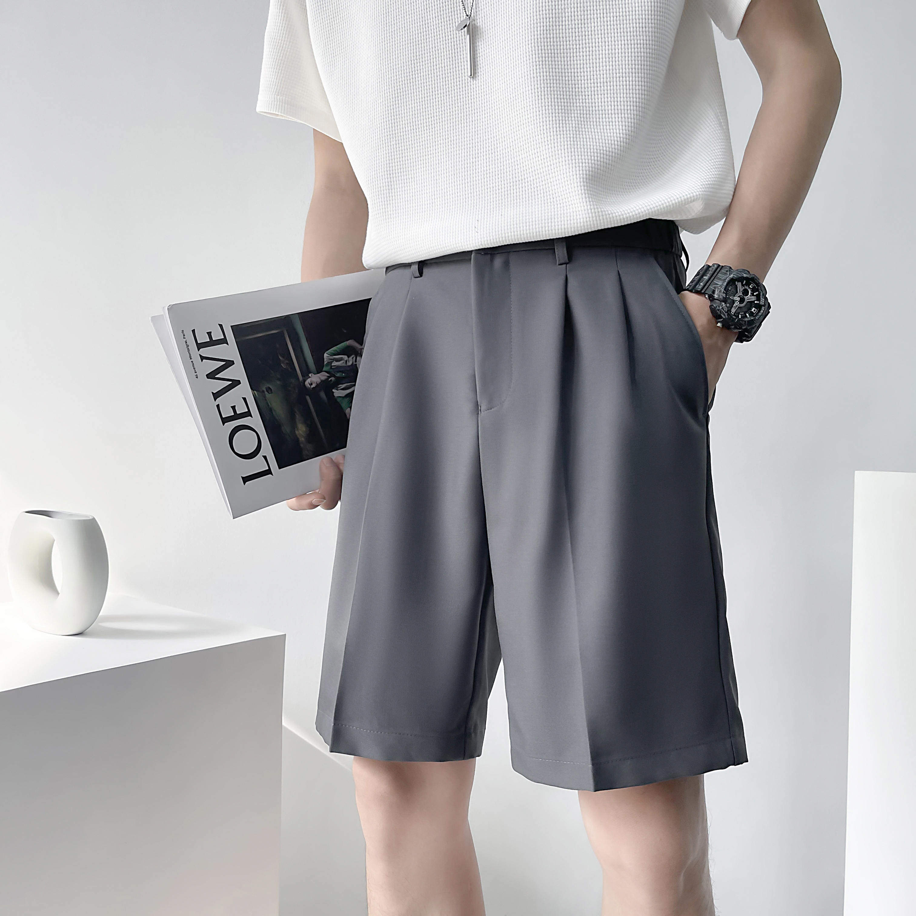 夏季直筒西装短裤帅气宽松五分裤轻熟直筒休闲裤子咖啡K119-P65，男装牛仔裤，星座1012