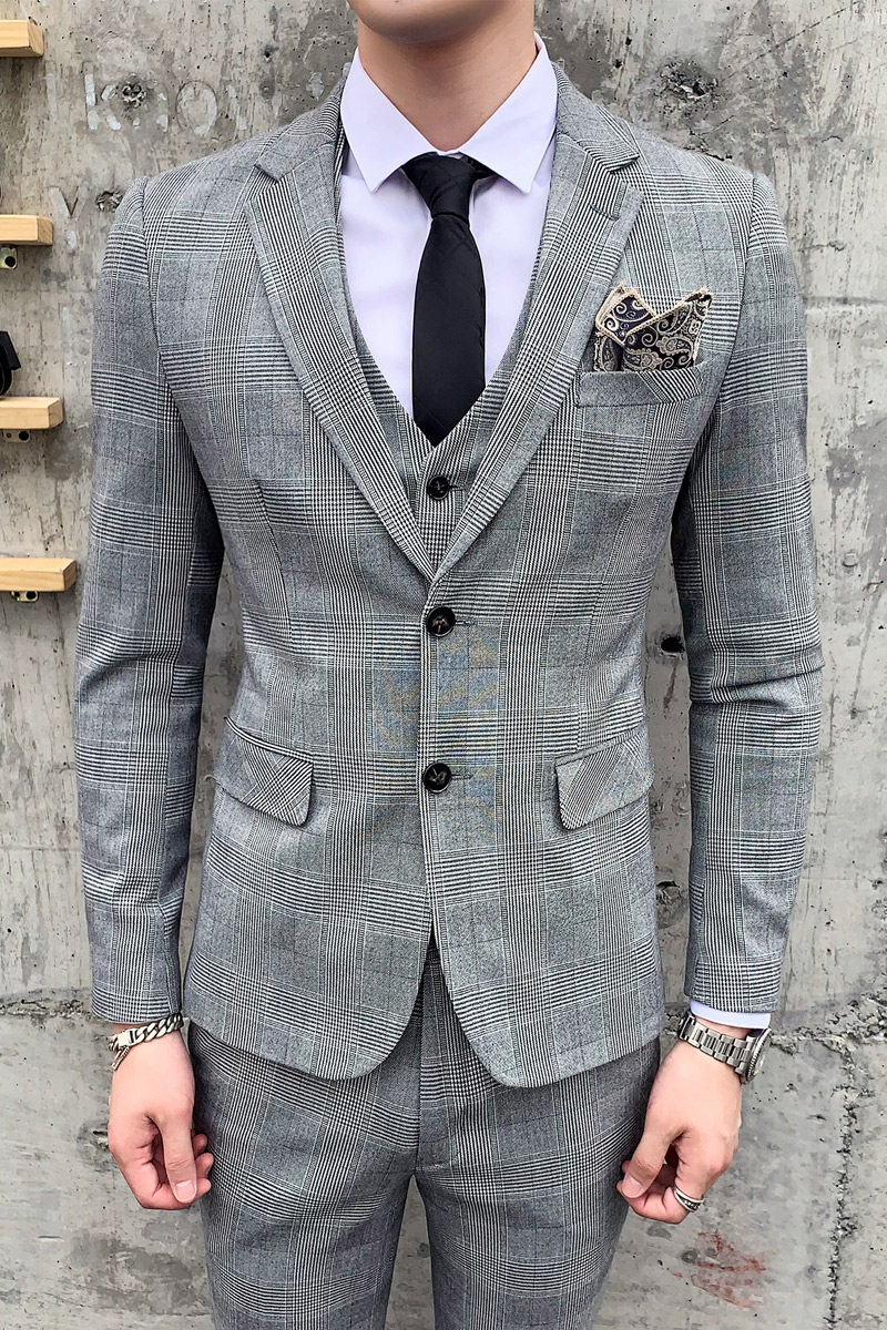 高品质千鸟格西装男套装三件套英伦修身时尚西服1012-SJT801-P300,男装西服套装,星座1012