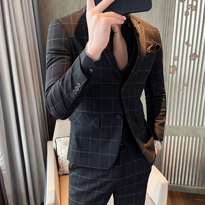 西服套装男英伦修身商务职业休闲格子款西装三件套SJT863-P285图片