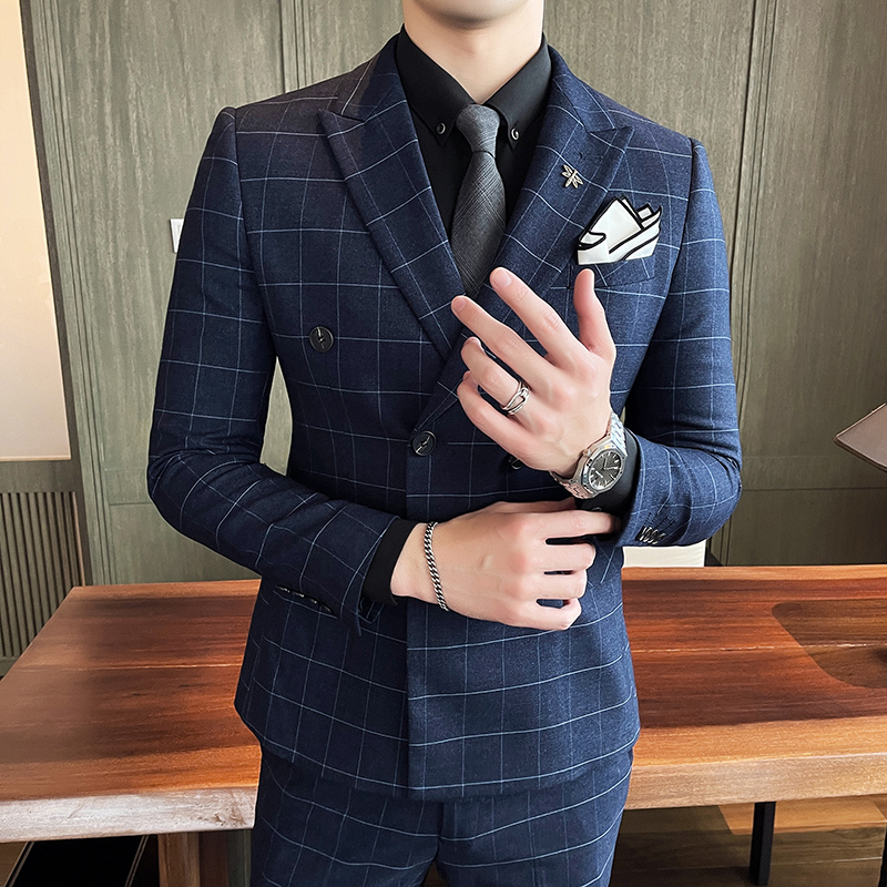 21秋冬韩版双排扣格子西服套装男英伦西装礼服商务SJT862-P285，男装西服套装，星座1012