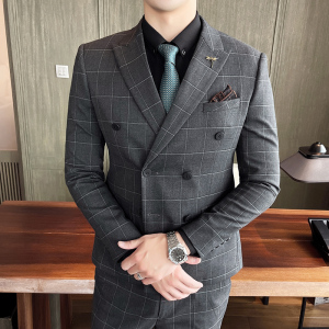 21秋冬韩版双排扣格子西服套装男英伦西装商务礼服SJT864-P285图片
