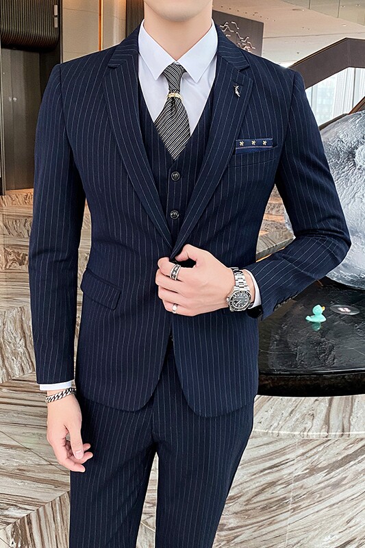 新款条纹西装男套装三件套英伦西服商务职业正装1012-SJT825,男装西服套装,星座1012