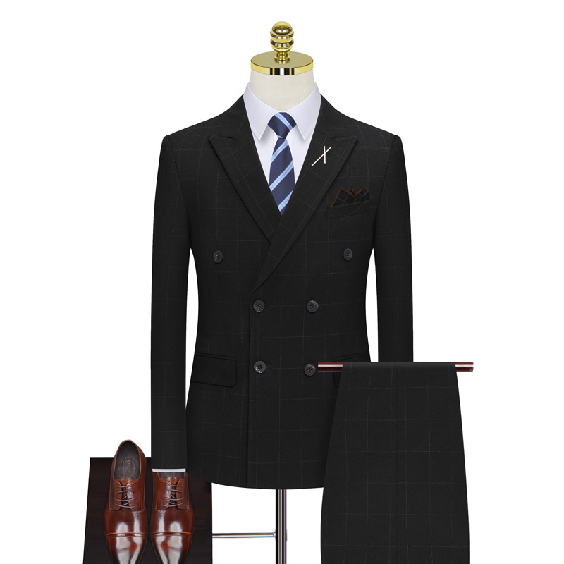 男士西服礼服西装修身两件套格子双排扣假模高清LJT865-P200图片