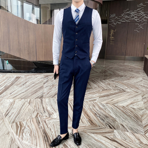 新款西装男套装三件套修身条纹西服新郎结婚礼服商务SJT827-P280图片