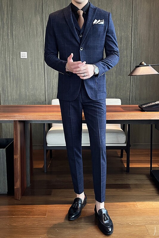西装男套装格子新郎结婚礼服三件套韩版修身商务职业SJT851-P260,男装西服套装,星座1012