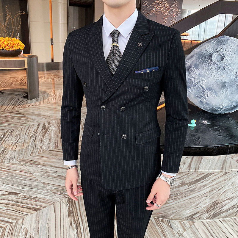 条纹双排扣西装三件套西服英伦修身商务休闲1012-826,男装西服套装,星座1012