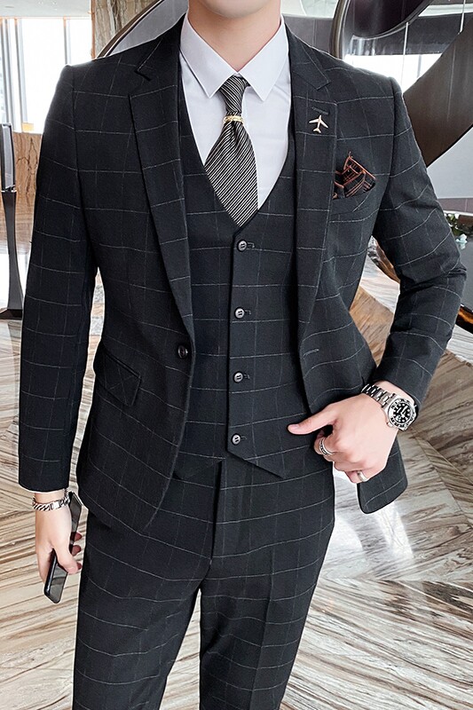 秋冬潮流格子男西服套装修身西装三件套结婚礼服商务SJT821-P260,男装西服套装,星座1012