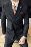 男士条纹双排扣西装套装三件套修身商务SJT866-P285，男装西服套装，星座1012