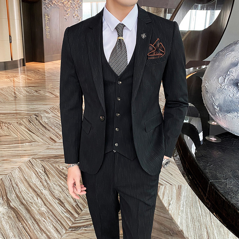 秋冬竖条纹男士西服套装结婚礼服韩版西装三件套修身商务工作820图片