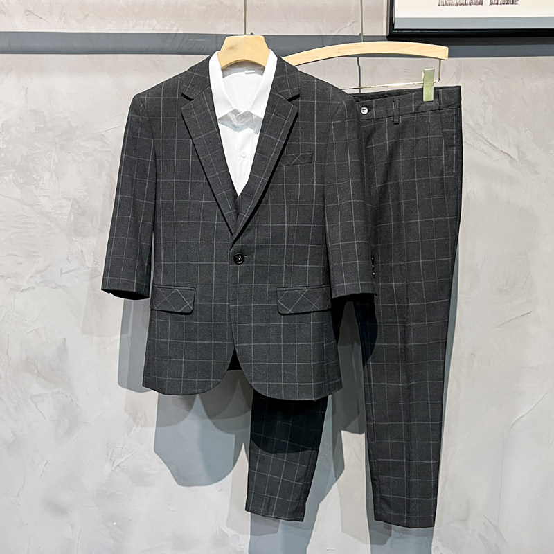 薄格子中袖西服三件套七分袖西装P80马甲35裤子50SJT867-P165,男装西服套装,星座1012