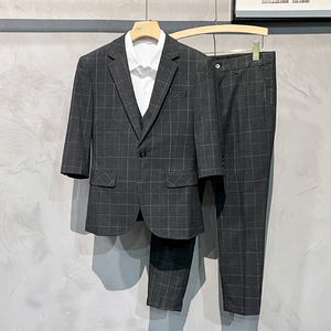 薄格子中袖西服三件套七分袖西装P80 马甲35 裤子50 SJT867-P165图片