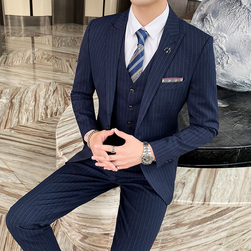 帅气新款修身西装男套装三件套条纹英伦西服宴会1012-827,男装西服套装,星座1012