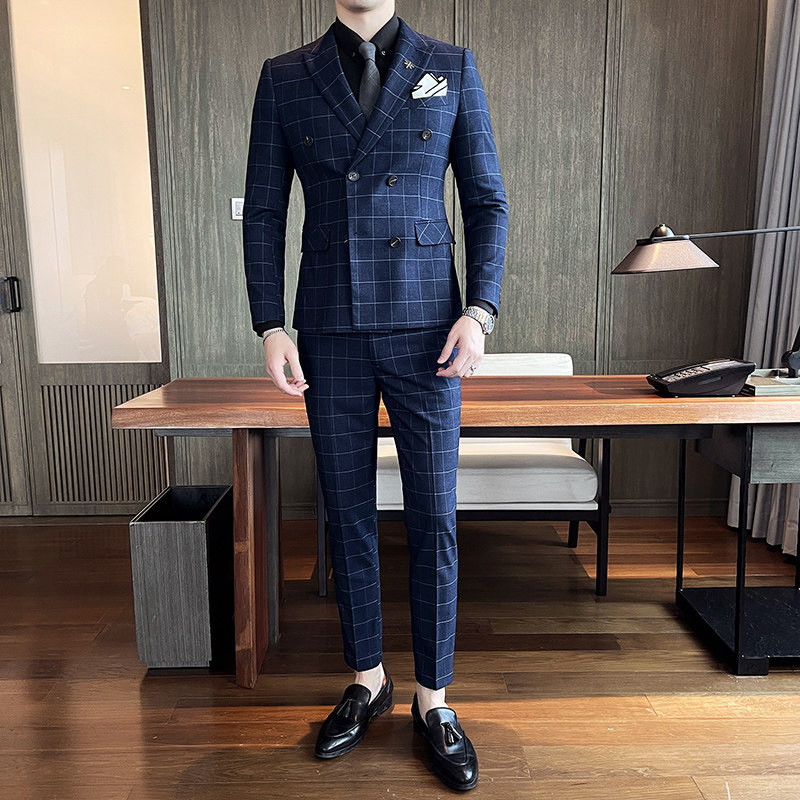 21秋冬韩版双排扣格子西服套装男英伦西装礼服商务SJT862-P285,男装西服套装,星座1012