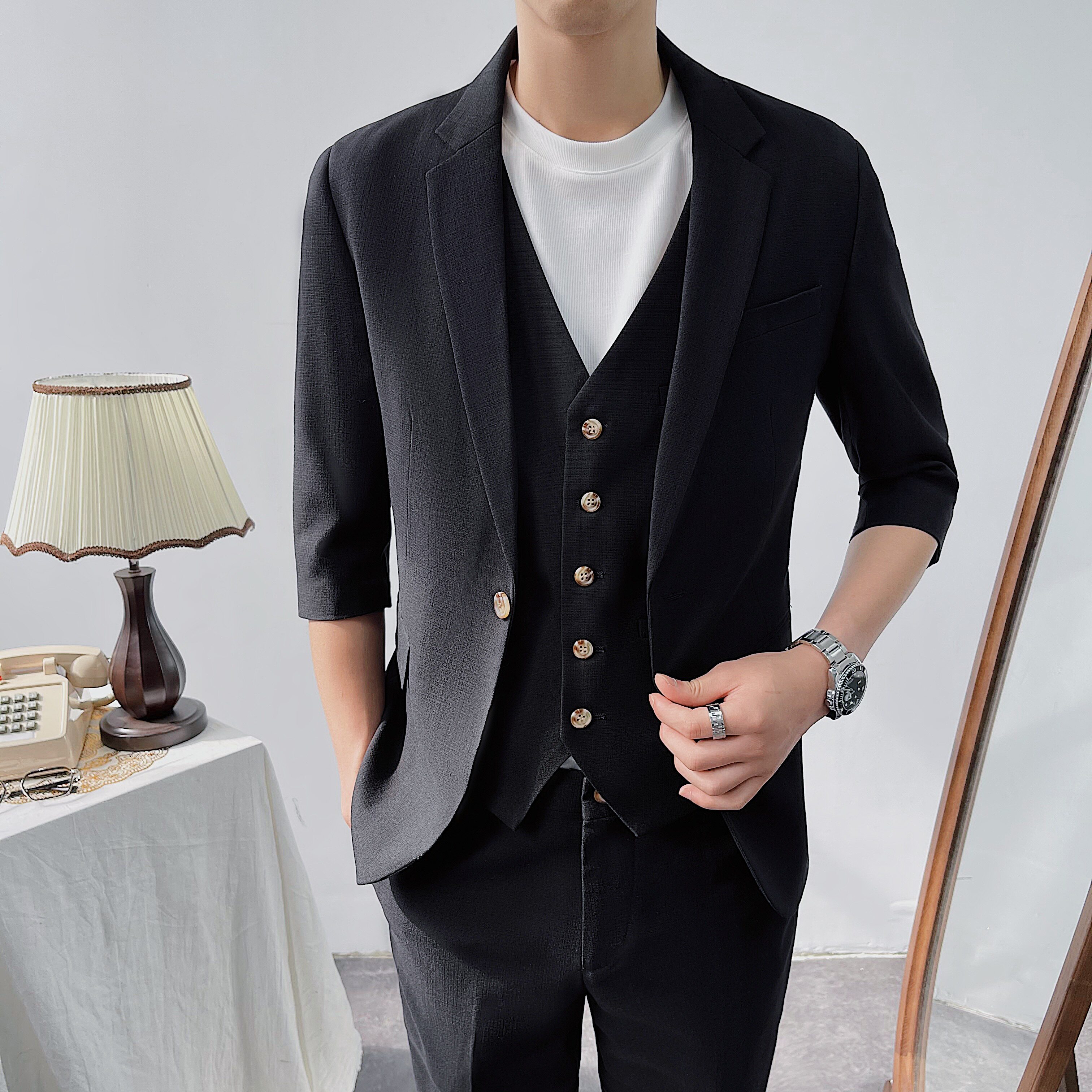 夏薄款西装男套装西服三件套修身SJT834-P205上衣105马甲45裤子55,男装西服套装,星座1012