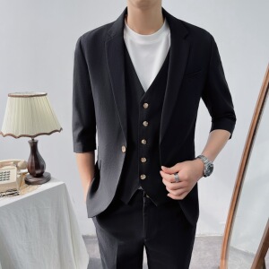 夏薄款西装男套装西服三件套修身SJT834-P205上衣105马甲45裤子55图片