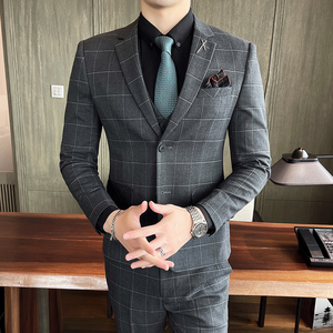 21秋冬韩版修身格子西服套装男潮流西装结婚礼服正装SJT863-P285图片