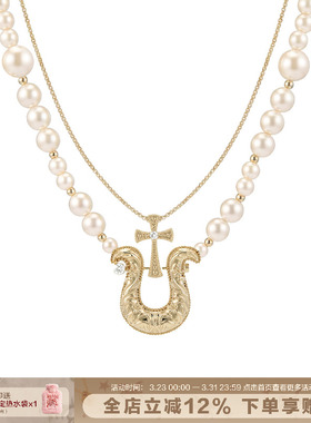 马蹄扣双层珍珠项链叠戴锁骨链女