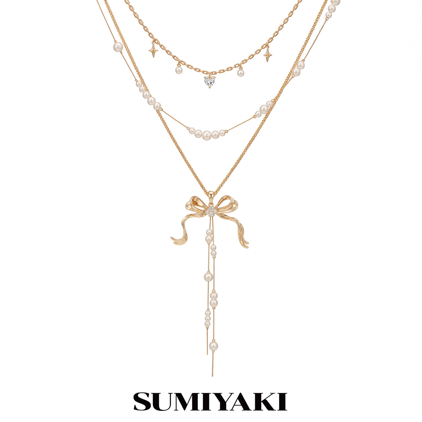 SUMIYAKI 丝带系列蝴蝶结多层破碎珍珠锁骨项链