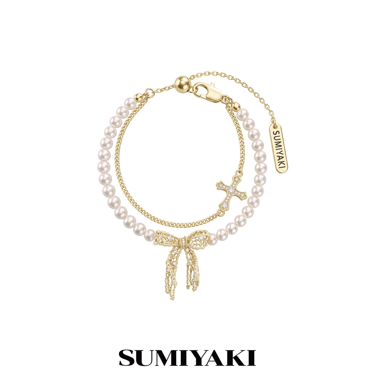 SUMIYAKI蕾丝系列蝴蝶结双层叠戴珍珠手链小众设计轻奢新款手饰图片