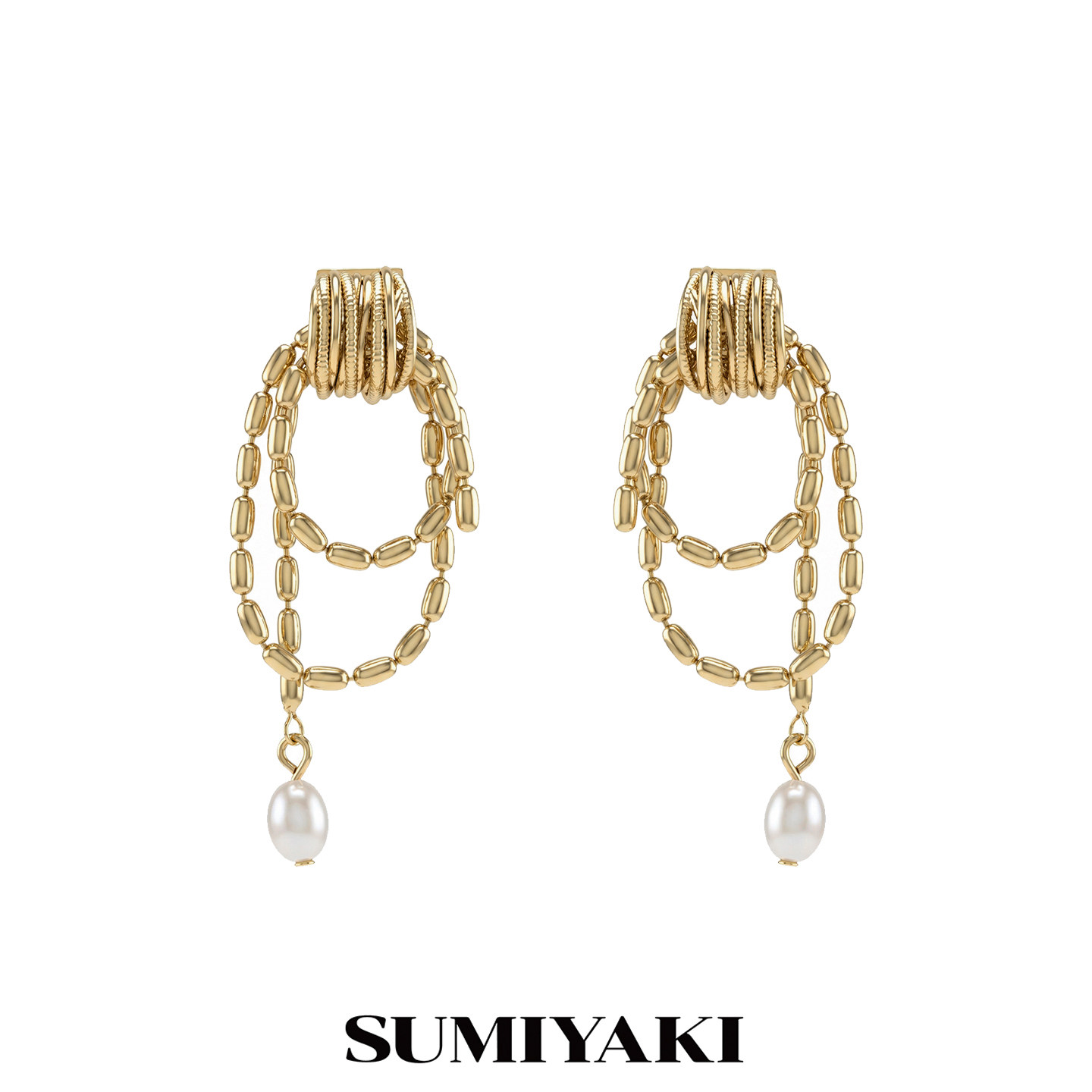 SUMIYAKI 线构系列 多层链条缠绕珍珠耳环